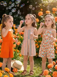 Young Girls Floral Print Polka Dot Painting Stripe Halter One-Piece Set, Three-Piece for Kids, Cute Summer Wear