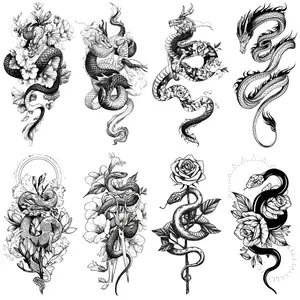 8 Realistic Chinese Dragon and Snake Temporary Tattoos, Adult Animal Tattoo Stickers for Men and Women, Floral Design, Perfect for Festivals, Waterproof Matte Tattoo