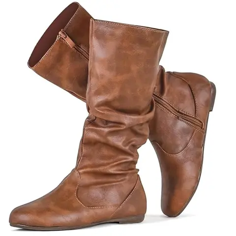 Women's Slouchy Round Toe Mid-Calf Zip-Up Boots - 12.5" Mid-Calf Fit, Steady Low Heel, Cushioned Insole, Rubber Sole, Casual, Effortless Wear, Secure Wear, Footwear Fashion, All-Season Everyday Shoes
