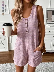 Women's Summer Daily American Lazy Style Mixed Color Waffle Knit Half Button Front Pocket Crew Neck Sleeveless Jumpsuit Home Outdoor City Regular Trendy Casual Elegant Youthful Simple Versatile Texture Stylish Literary