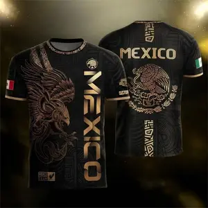 100% Cotton Custom Name Number Mexico Eagle T-Shirt, Black Gold Aztec Tribal Print Tee, Personalized Mexican National Flag Short Sleeve, Customizable Football Team Streetwear Casual Cotton Top With Quetzalcoatl Eagle Graphic