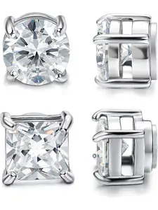 2 Pairs Stainless Steel Magnetic Stud Earrings for Men Women Non-piercing CZ Hypoallergenic 5-8MM