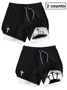 2-Piece Set Men's Fitted Dual Layer Stretch Shorts with Cross Print, Summer Quick-Dry Breathable Gym Running Shorts with Pockets Fitness Shorts