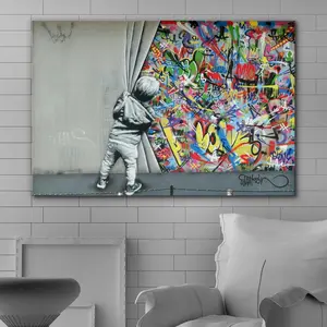 Canvas Print Wall Art Banksy British Artist Kid Spray Paint Curtain Illusion Graffiti & Street Art Urban Illustrations Modern Art Boho for Living Room, Bedroom, Office SHJY-01144