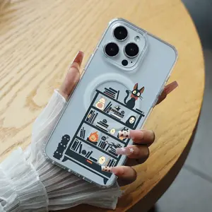 Studio Ghibli Characters (Kiki’s Cat, No-Face, Totoro, etc.) on Bookshelf Clear MagSafe Phone Case for iPhone 11/12/13/14/15/16/16E - Scratch Resistant, Precise Fit, Non-Yellowing