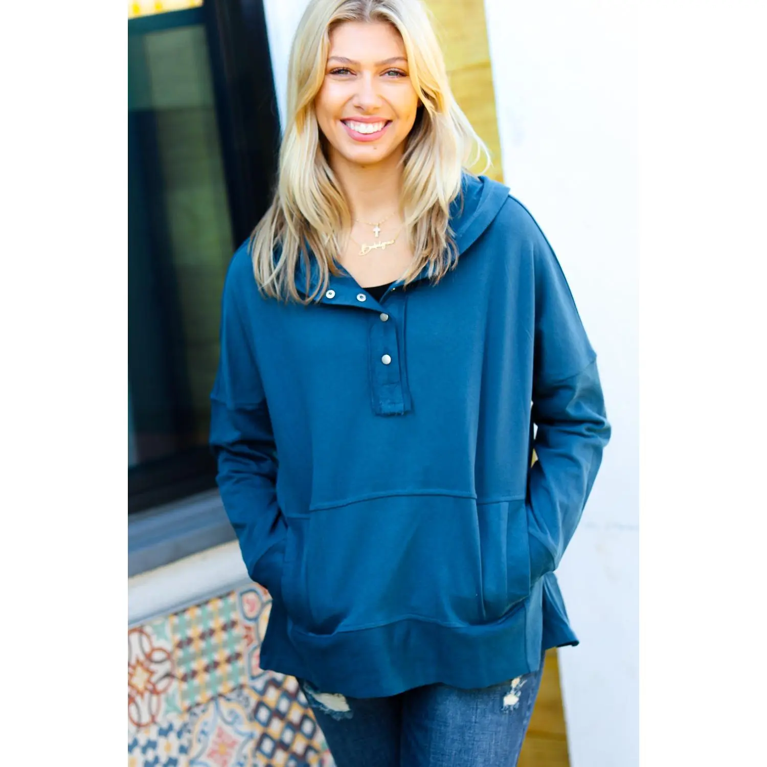 Cozy Up Teal French Terry Snap Button Hoodie