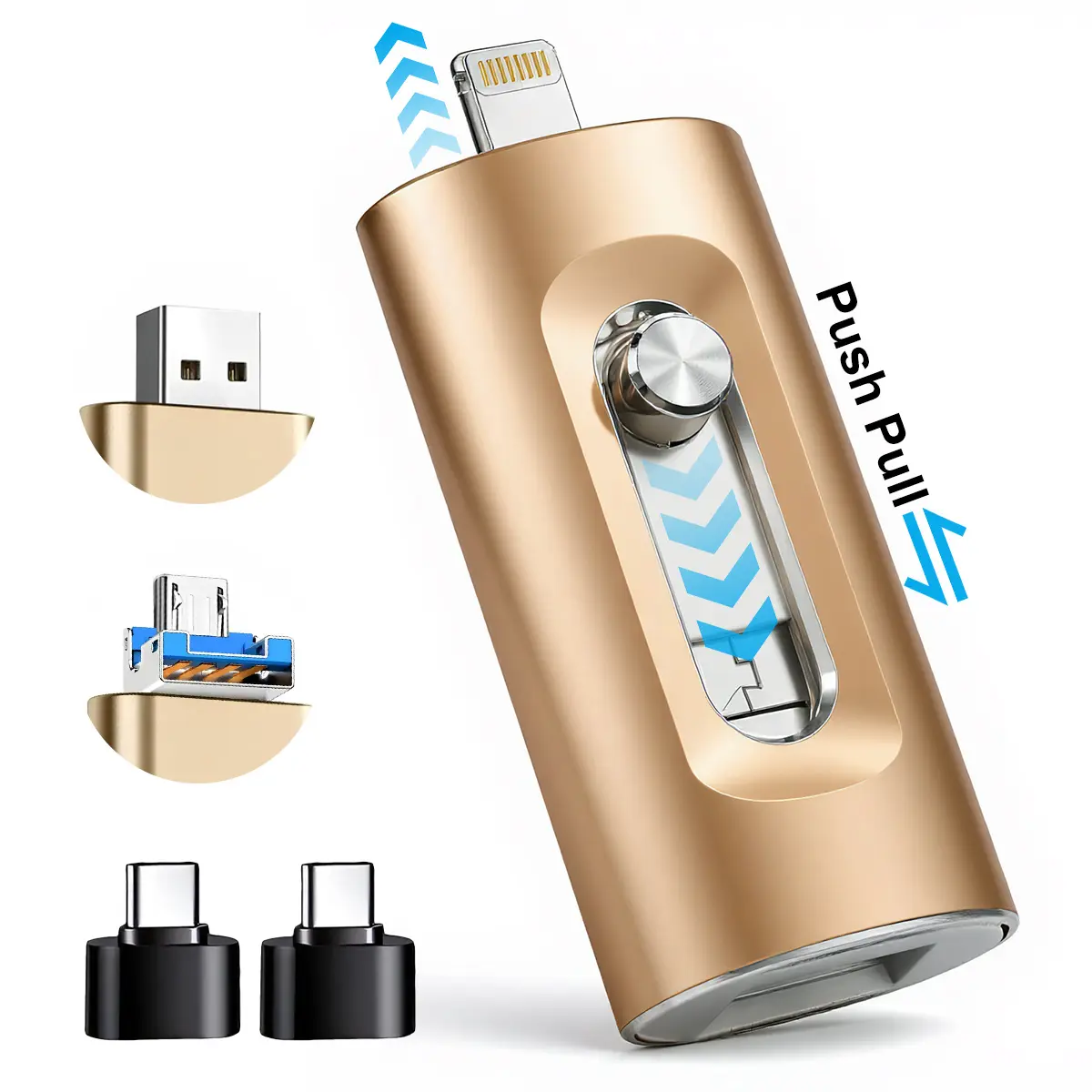 4 in 1 Aluminum Metal USB 3.0 Flash Drive with Frost Finish, 4 Ports & USB Type-C Adapter, High-Speed External Storage Thumb Drive for iOS & Android Devices, iPhone, iPad, Computer #SummerVibes, Four Ports