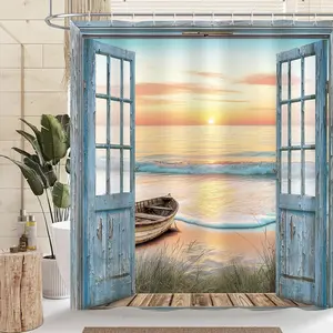 [Mother's Day Gift] Beach Ocean Shower Curtain Blue Rustic Barn Door Bathroom Curtain Set Decors for Home Polyester Waterproof Fabric, with Hook