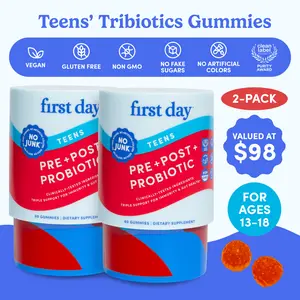 2-PACK FIRST DAY Teen 3-in-1 Pre+ Post+ Probiotic Gummies – Gut Health, Digestion & Immune Support with Prebiotics, Probiotics, and Postbiotics - 60-Day Supply