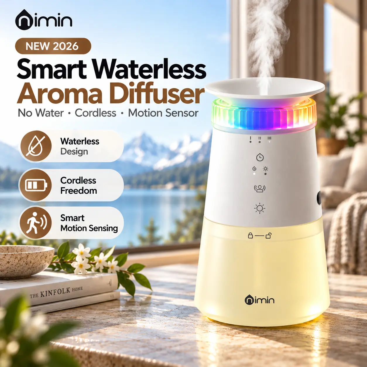 Nimin I8 Waterless Aroma Diffuser with Smart Motion Sensor, Cordless Rechargeable Home Fragrance Diffuser, 4 Scent Modes, for Bedroom & Living Room