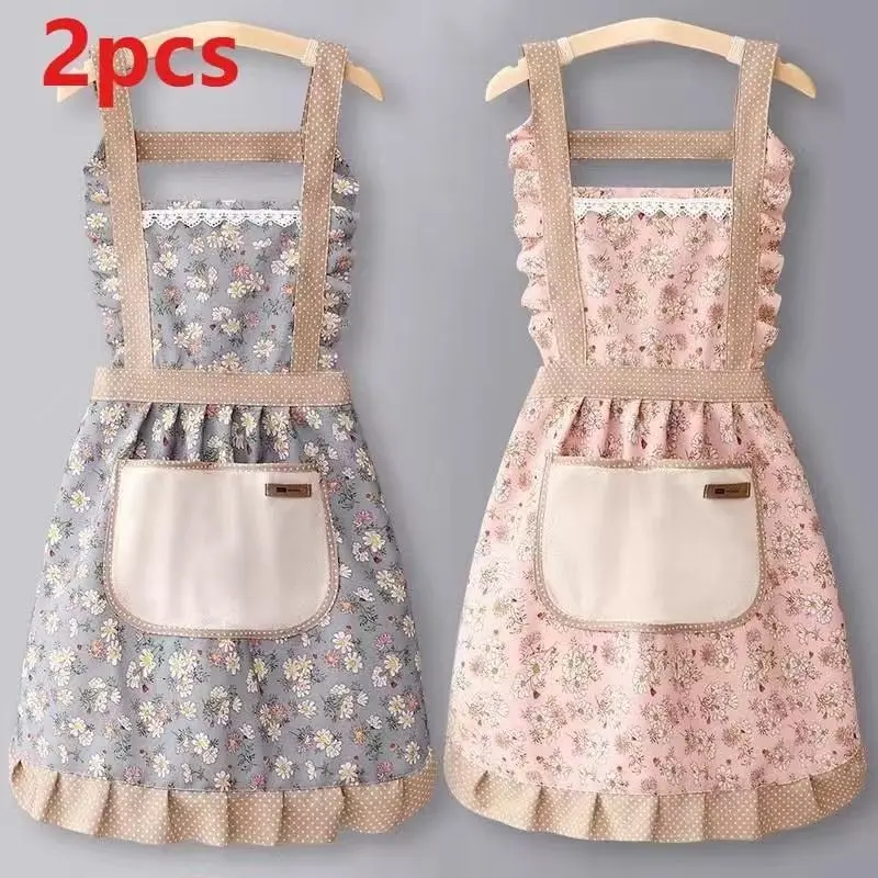 2 Piece Floral Princess Cute Apron Set with Pockets, Adjustable H-Strap Design, Includes Handbag, Ideal for Kitchen Baking, Cooking, Restaurant Use Aprons with Pockets