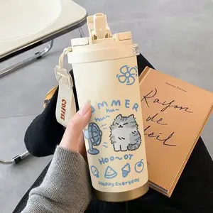 520ml Cute Cartoon Cat Insulated Cup High Appearance Stainless Steel Straw Cup Cold And Hot Insulation Double Drinking Cup