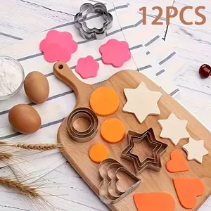 12pcs Stainless Steel Cookie Stamp Set, Fondant Tools, Baking Cookie Molds, Fruit Cutters, Christmas , Halloween, Thanksgiving Cookie Molds, Chocolate Molds, Baking Supplies Kit