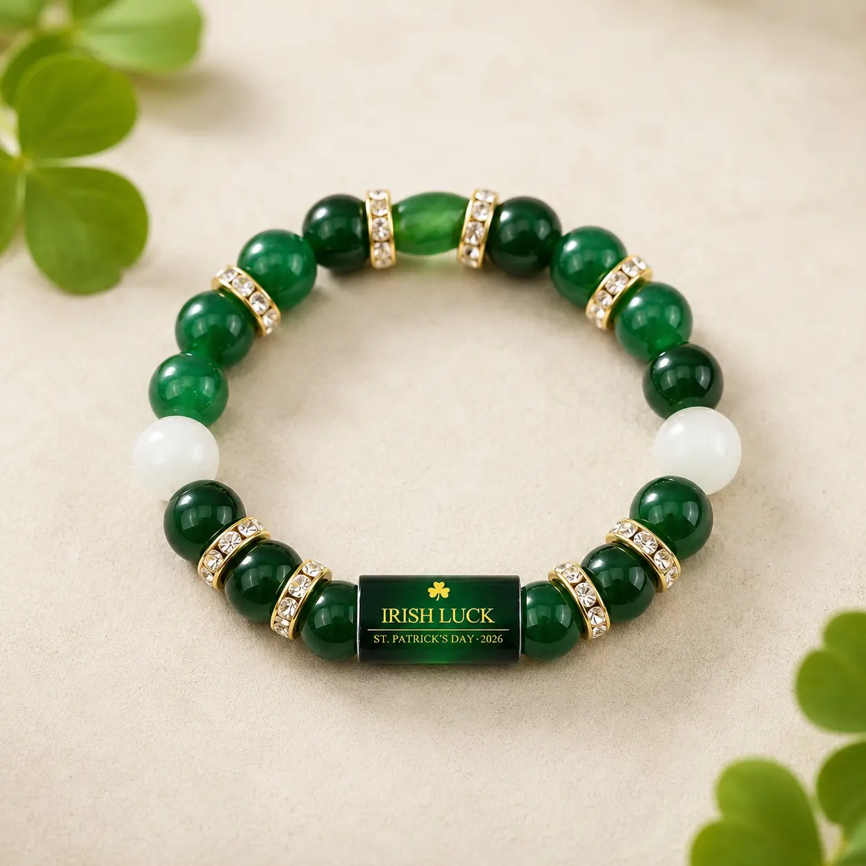 Irish Luck St. Patrick's Day Bracelet | Green Agate Lucky Clover Beaded Bracelet with Rhinestones | Luck Bracelet - Attract Wealth, Abundance and Perfect Good Luck Gift for 2026!