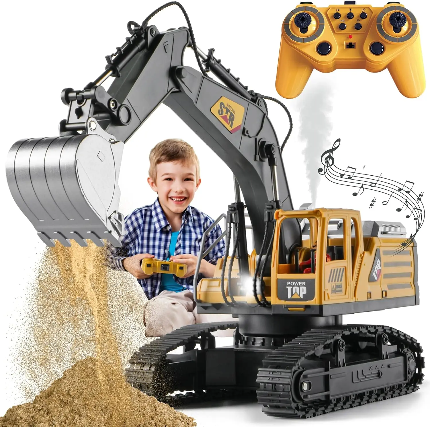 RC Excavator Toy for Boys, 14 Channels 1:14 RC Excavator Construction Toy Tractor, Simulates Smoke, Sound, Lights, Metal Excavating Head, Suitable for Boys 3-10 Years Old