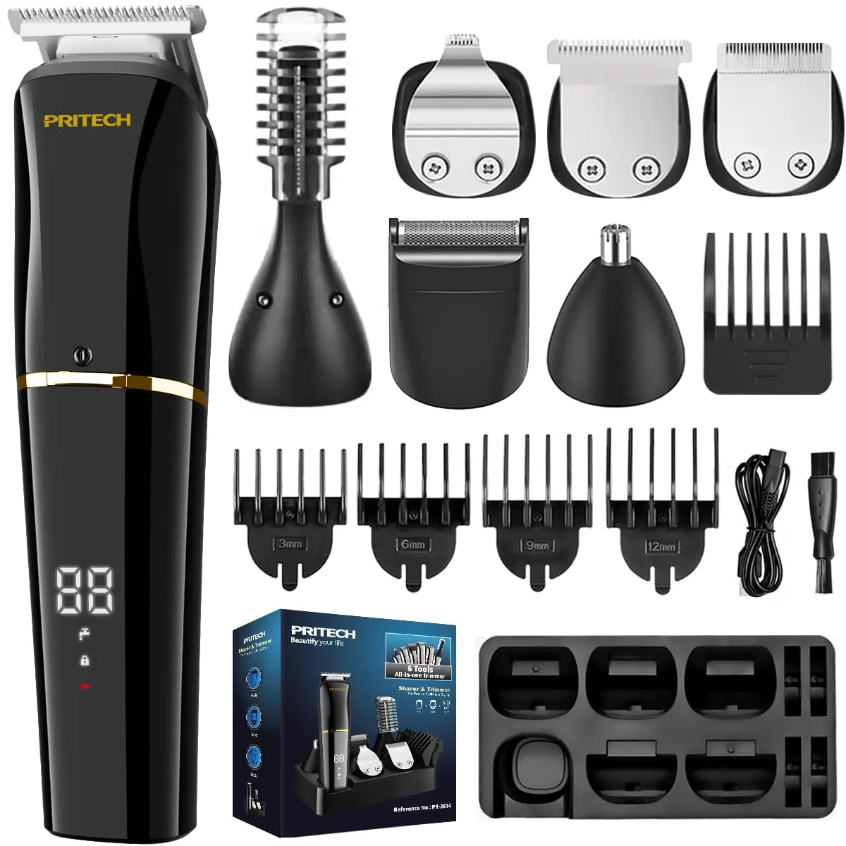 PRITECH Men's 6-in-1 Beard Trimmer Kit with Foil Shaver, Adjustable Length Settings & IPX6 Waterproof - Cordless Electric Hair Clippers for Grooming Face, Beard, Nose, Ear, Gifts for Husband Dad