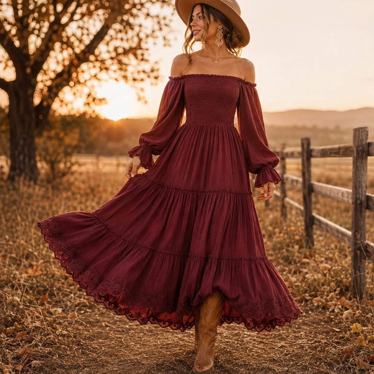 Women's Dress Soft Breathable Cotton Blend Fabric American Retro Bohemian Style for Western Farm Travel Outdoor Date Country Dance Church Activity
