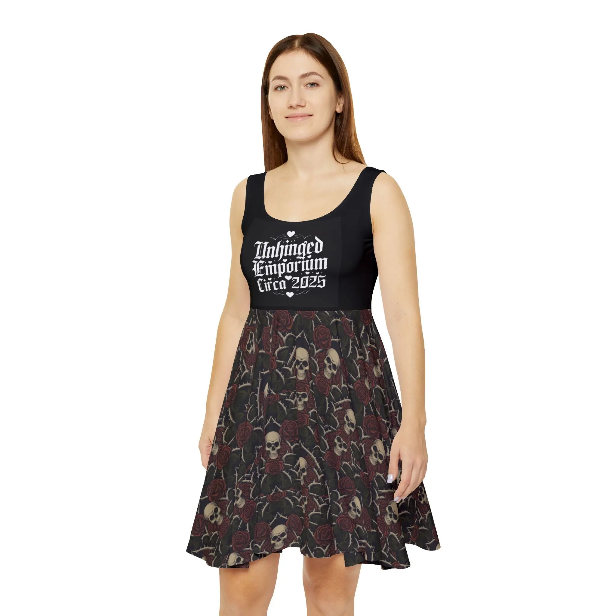 Women's Stretchy Spandex Gothic Skater Dress - Edgy, Skull, Stylized Casual Dresses with Unhinged Skulls 'N Roses Print, Flared Skirt, Alternative Punk Grunge Wear, Edgy Casual Dresses