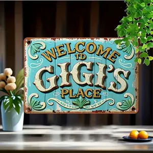 Vintage Style Welcome Sign - "GIGI'S PLACE" - Aluminum Metal Wall Hanging Decorative Plaque - Multipurpose for Home, Garden, Bar, Cafe, Restaurant, Garage - English - 8x12 Inch - Includes Screws & Zip Ties for Easy Mounting