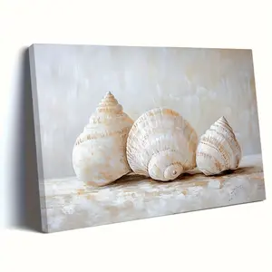 1 Piece Vintage Style Shell Trio Canvas Art| 40x 30cm Wooden Frame Oil Painting|White and beige, textured finish|Perfect for Valentine's Day or Easter home decoration and gift-giving, Coastal Home Decor