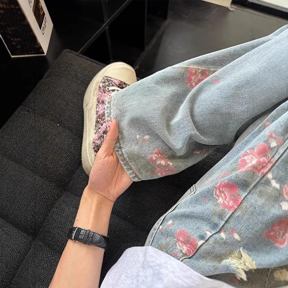 Vintage Cute High Waisted Straight Leg Jeans Casual Y2K Flower Printed Fringe Ripped Streetwear Denim Pants