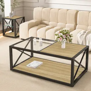 Modern Coffee Table Rectangular for Bedroom & Living Room, Tempered Glass&Natural Wood MDF Top , Industrial Style coffee table