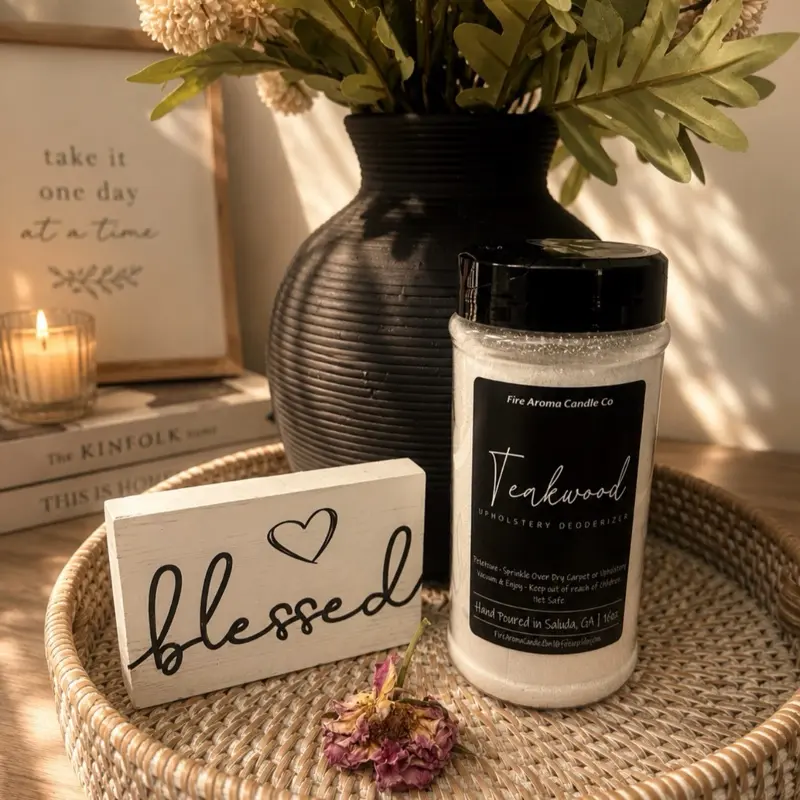 Fire Aroma Candle Co. Teakwood Carpet & Upholstery Deodorizer - Non-Toxic, Safe for Most Fabrics, Easy Application, Bold Clean Scent