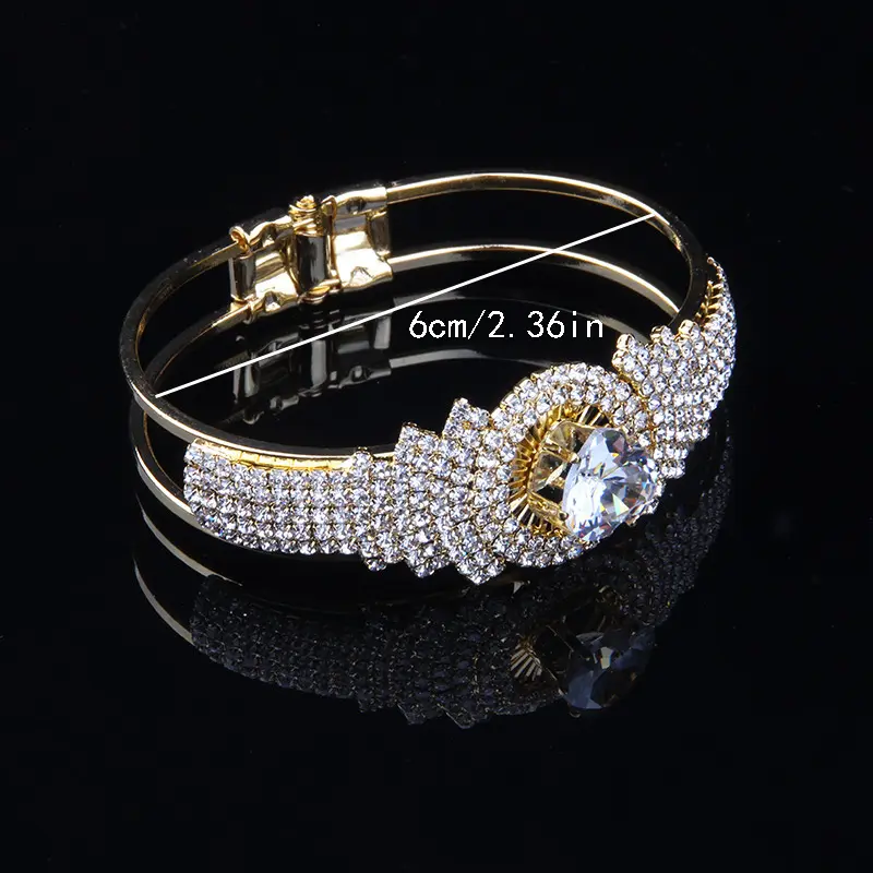 Blinged Out Gold Aesthetic Luxury Rhinestone Bangle - Cast Iron Clasp, Iron Base, Full Pave Zirconia Stones, Fashion Costume Jewelry, Arm Candy Accessories for Daily Wear, Bling Effect, Luxury Look, Elegant, Unisex