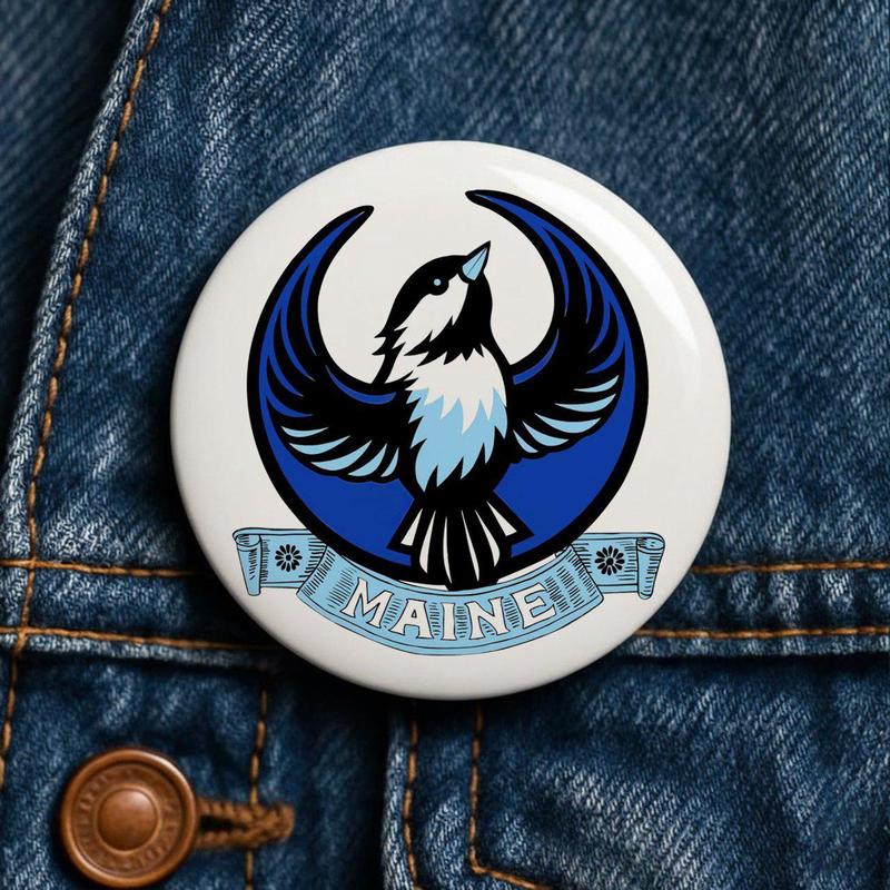 Maine Eagle Graphic Button Pin, Vintage Style Round Badge, Backpack Hat Jacket Accessory
