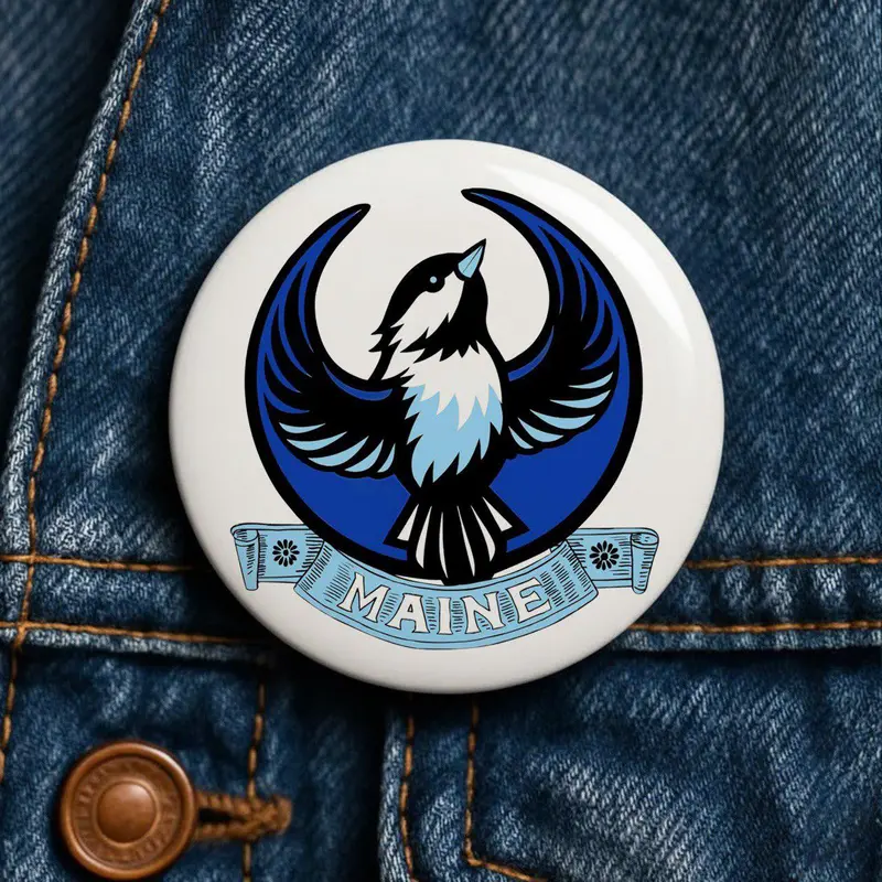 Maine Eagle Graphic Button Pin, Vintage Style Round Badge, Backpack Hat Jacket Accessory