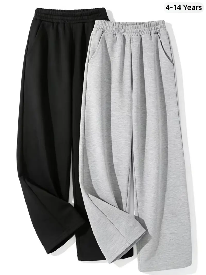 2 Pcs Set Boys' Spring New Casual Elastic Waist Long Pants, Wide Leg Sweatpants, Loose Fit Straight Leg Sports Pants for All Seasons，Boy Fashion Simple Pants Set, Solid Color Soft Elastic Waist Straight Leg Pants, Daily Comfortable Casual Pants