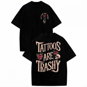 [Vintage Cotton T-Shirt] High Quality Cotton Vintage Wash Style Men's Double-Sided Printed T-Shirt, Tattoos Are Lowbrow, Summer Wear, Drop Shoulder Sleeves Round Neck Short-Sleeved Top