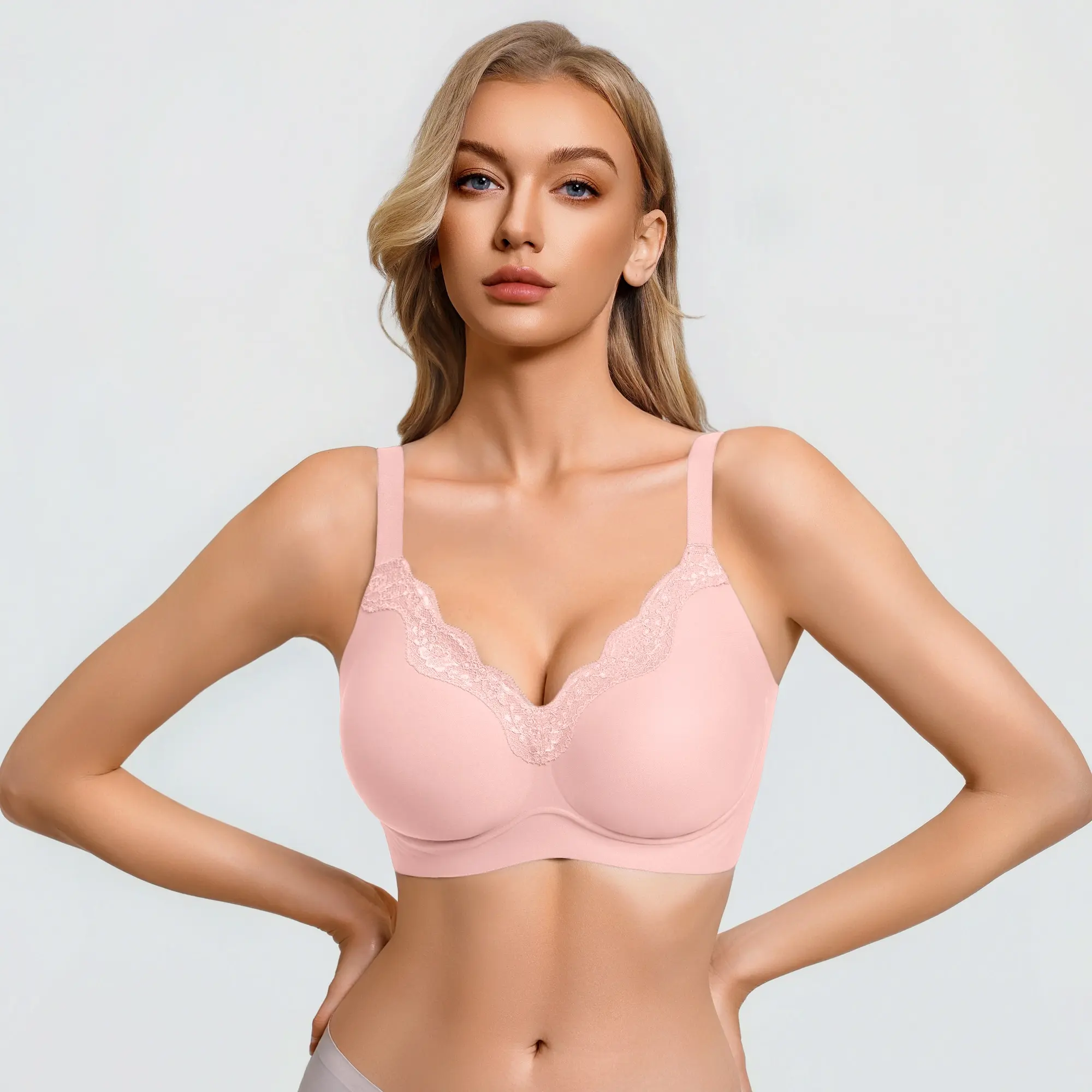 Womens Wireless Jelly Bras No Underwire V-Neck Lace Trim Bralette Seamless Full Coverage Convertible T-Shirt Bra