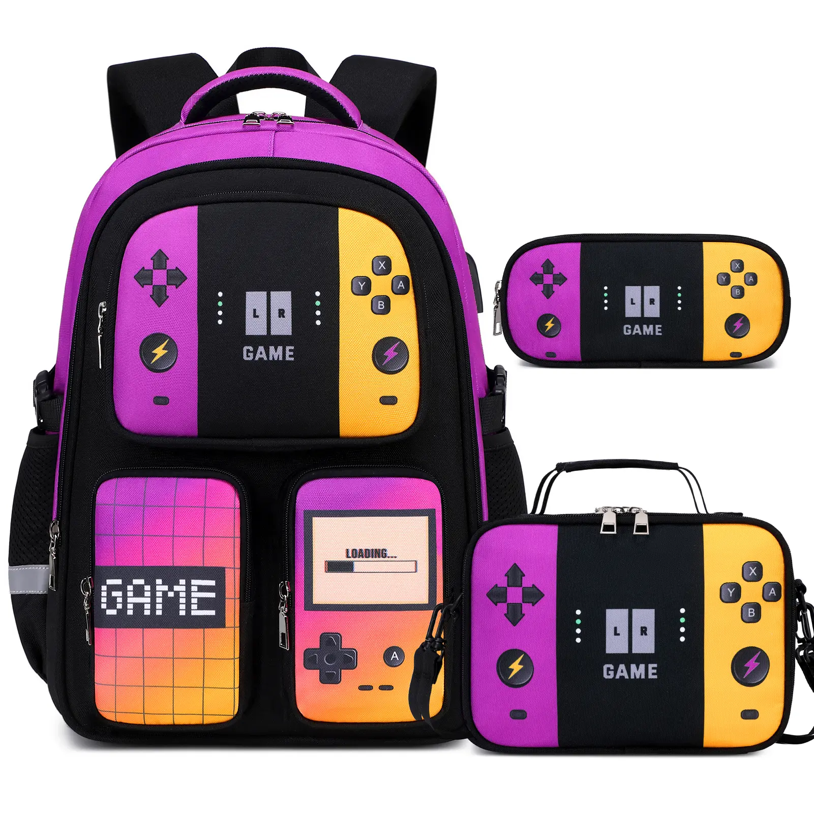 Similove Graphic Gamer Theme School Backpack Set - Lightweight Oxford Waterproof Backpack, Lunch Box, Pencil Pouch with USB Port & Headset Jack, Reinforced Stitching Lasts, Smooth Zippers Seal Gear with Ease, Prop 65 Safe for Elementary School Boys