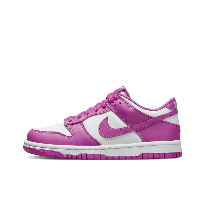 Women’s & GS Nike Dunk Low Leather Athletic Sneakers - Active Fuchsia Overlay, Low-Top, Walking Shoes, Classic Dunk Appeal, Retro Fashion, Casual Daily Wear Trainers