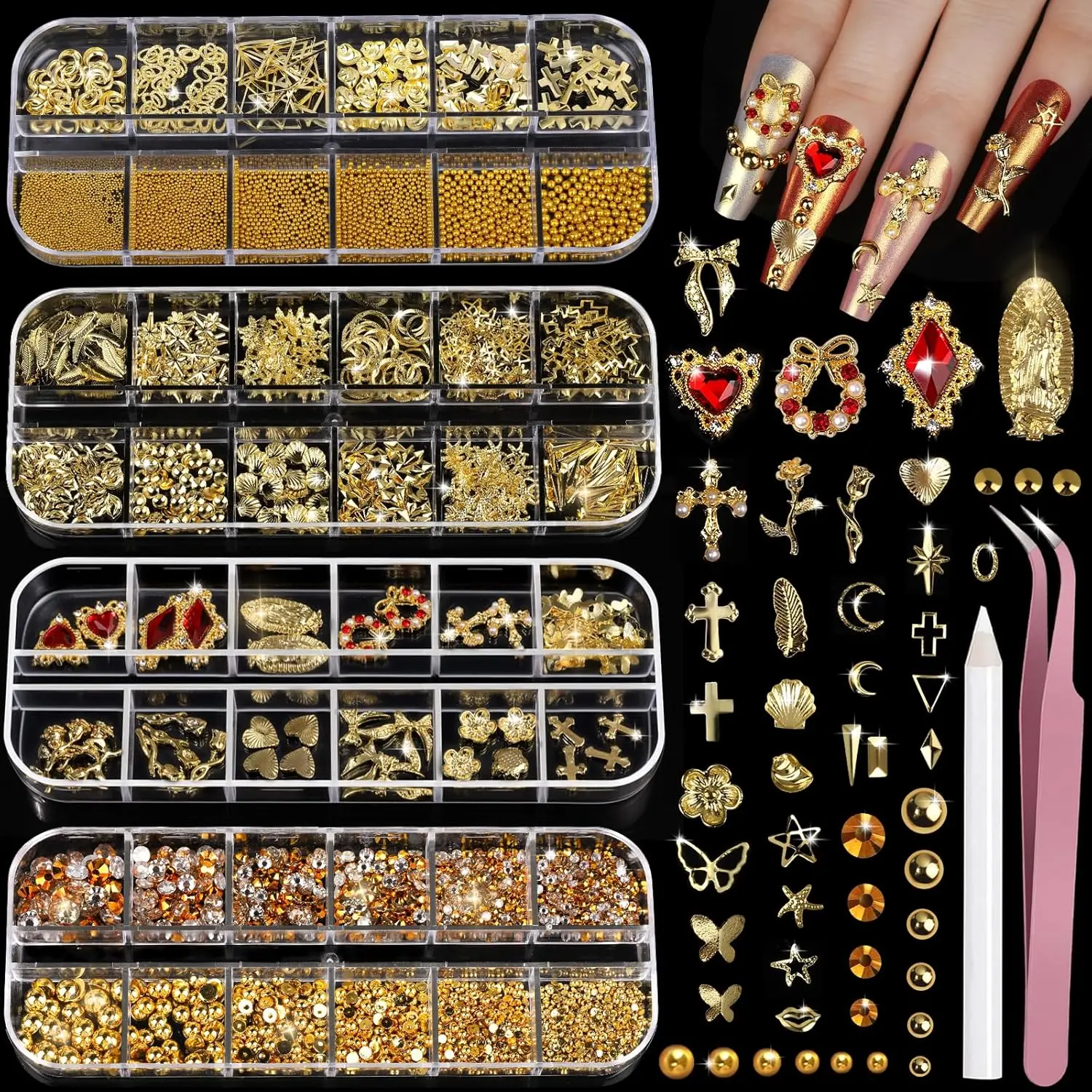 Complete Nail Art Supplies: 4 Boxes Gold Nail Charms Set with Cross,Heart Rhinestones & Pearls, 3D Nail Gems Tools for Nail Design Decoration Nail Enhancements Nail Accessories