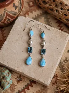 Larimar, Blue Topaz, & Pearl Four Stone Sterling Silver Dangle Earrings