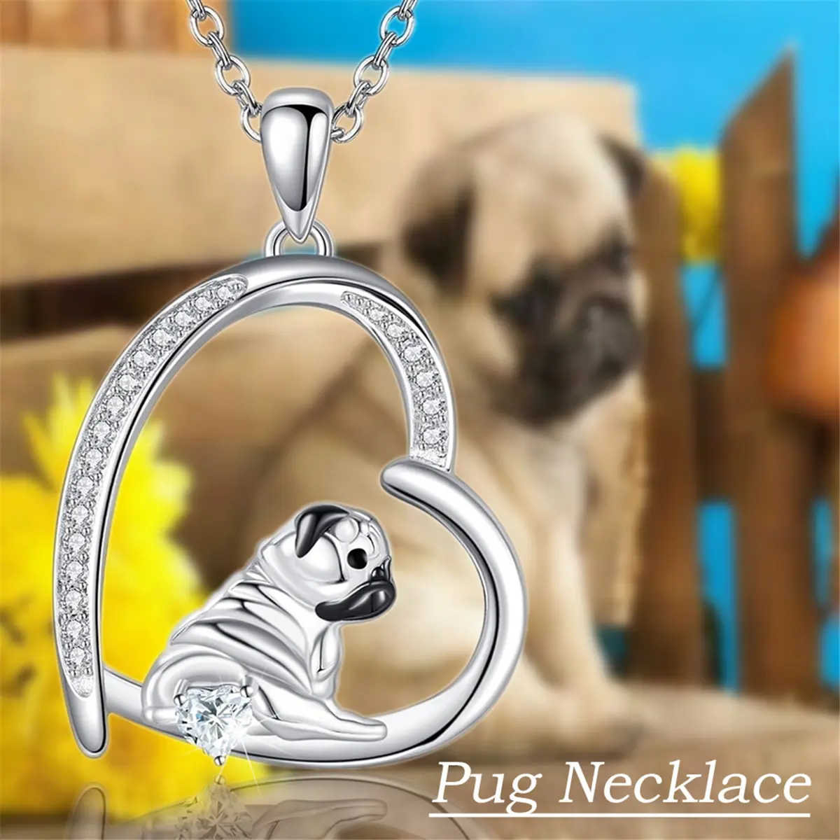 Shining Pug Pendant Necklace for Women, Cute Cartoon Memorial Accessory with Long Chain for Daily Wear, Birthday & Memorial Day Gift, Animal, Unisex, Memorial Jewelry, Cartoon Pug