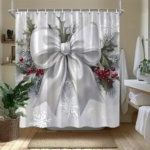 Elegant Bow Shower Curtain with Holly Leaves, Berries & Snowflakes, Muted Sparkly Design, 66x72 Inches, Bathroom Curtain