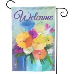 Welcome Spring Garden Flag 12"x 18" Double Sided, Watercolor Abstract Colorful Flowers in Bottle Painting Art House Flag Banners for Patio Lawn Yard Farmhouse Outdoor Home Wedding Decor