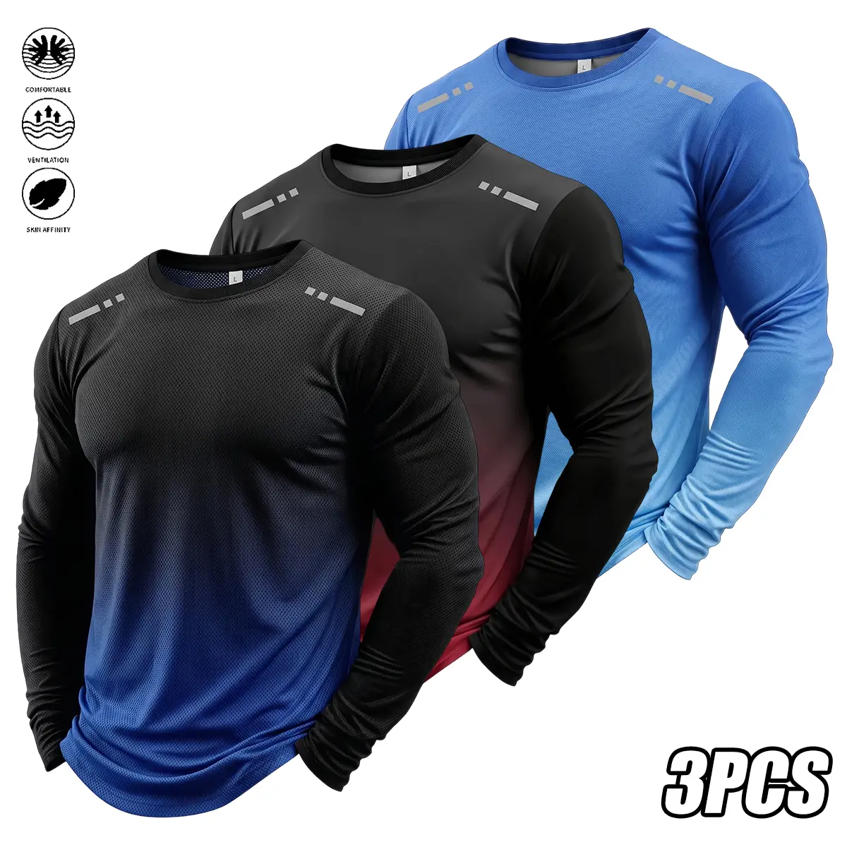 Men's 3-Pack Gradient Long Sleeve Tops, Sporty Chic Polyester Clothes, Breathable Regular Fit Crew Neck Tee for Casual Sport & Everyday Wear, Slim-Fitting