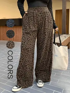 Plus Size Women's Elastic Waist Corduroy Leopard Print Loose Fit Wide Leg Bottom Pants, Coffee, All Seasons, Back-To-School, Casual Date Long Pants