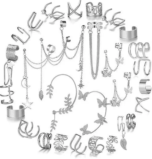 31Pcs Non Piercing Ear Cuff Earrings Set, Adjustable Cartilage Helix Clip On Wrap Earrings, Stylish Snake Butterfly Dangle Chain Fake Earcuffs, Fashion Jewelry Gifts for Women Daily Party Casual Wear