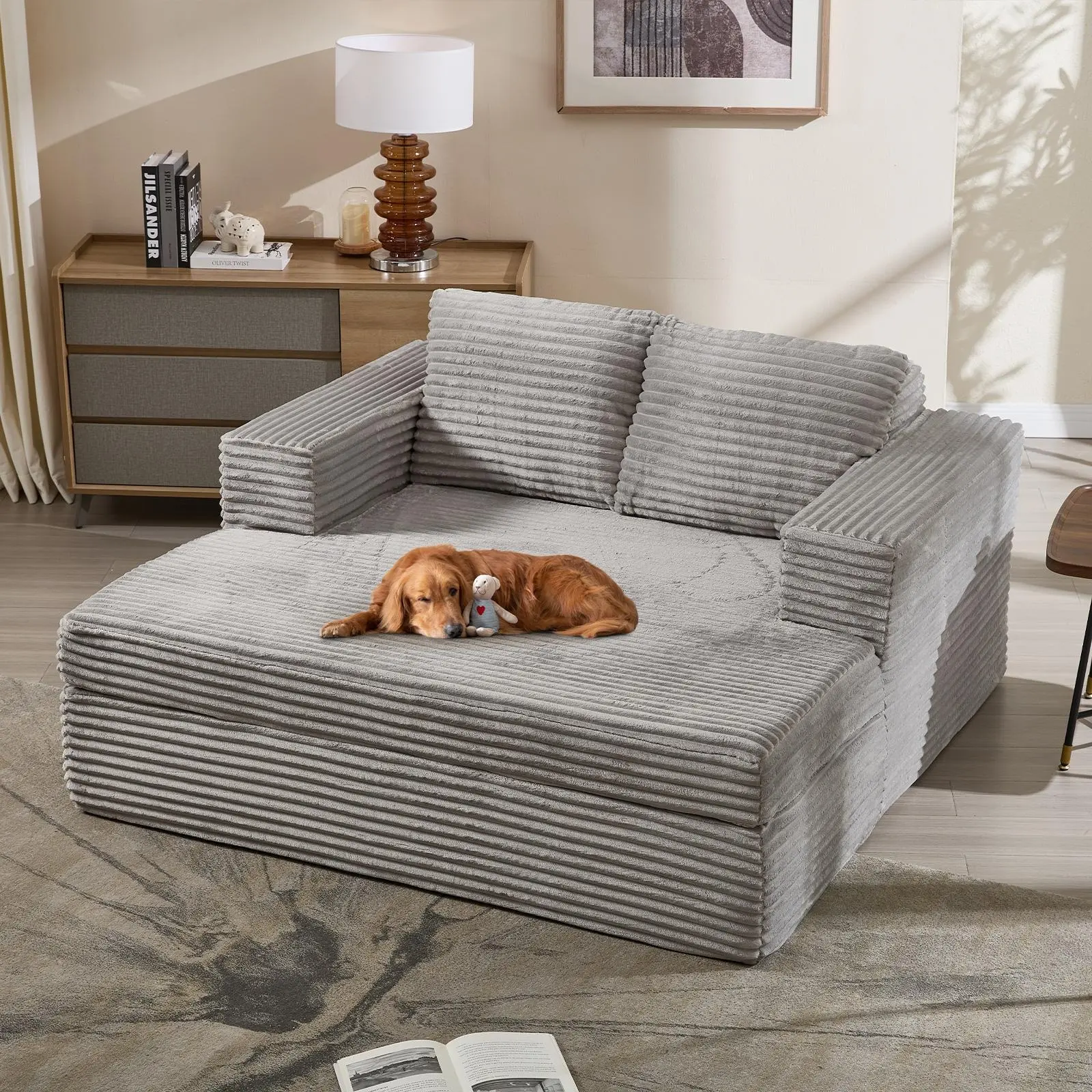 EBELLO Luxe 59-In Armless Corduroy Faux Fur Chaise Lounge Chair with Ottoman & 2 Pillows - Durable Upholstered Sleeper Sofa, Modern Stripe Grey, Ideal for Napping, Hosting Guests, Bedroom Decor, Oversized