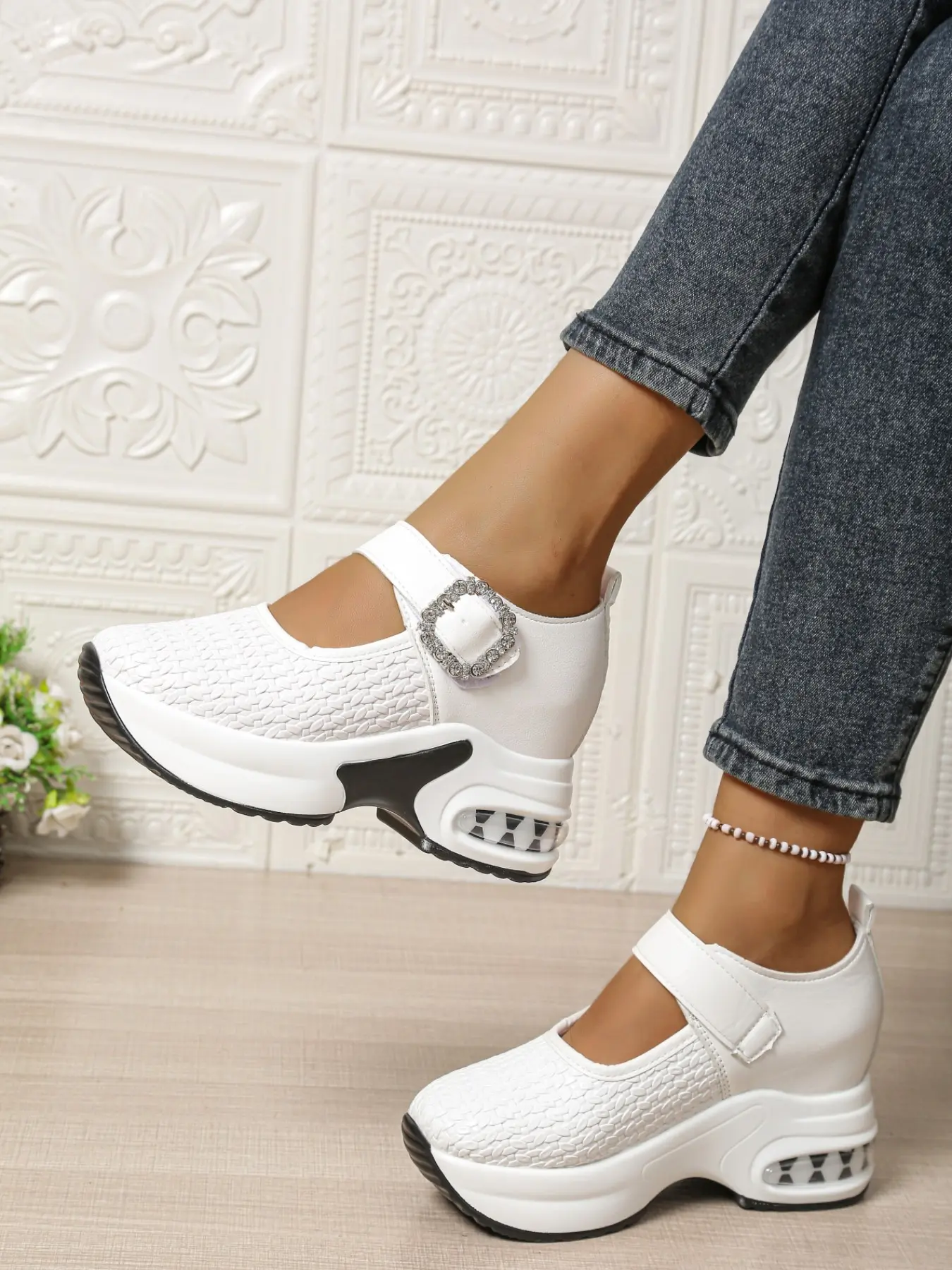 Women's Mary Jane Style Chunky Heel Shoes, Rhinestone Buckle, Breathable Textile, Casual All Season Footwear, Commuter Versatile