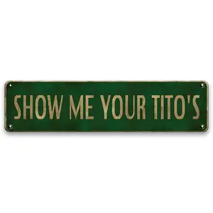 "Show Me Your Tito's" Humorous Vintage Metal Sign - 4x16 Inch, UV Resistant Wall Decor for Home, Bar, Cafe, Bathroom, Kitchen, Man Cave, Garage