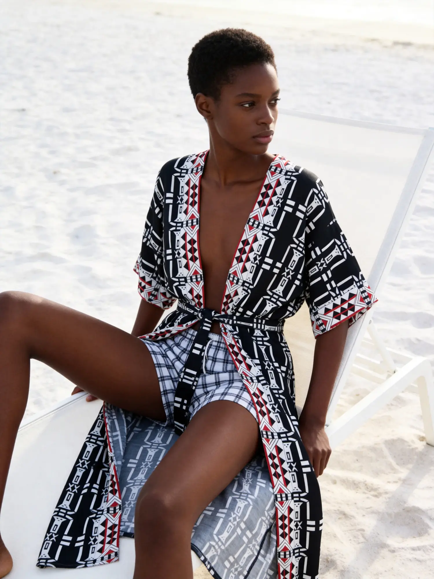 Black Geometric Kimono cover ups for women summer outfits plus size sundress loose fit swimsuit coverup beach cover ups