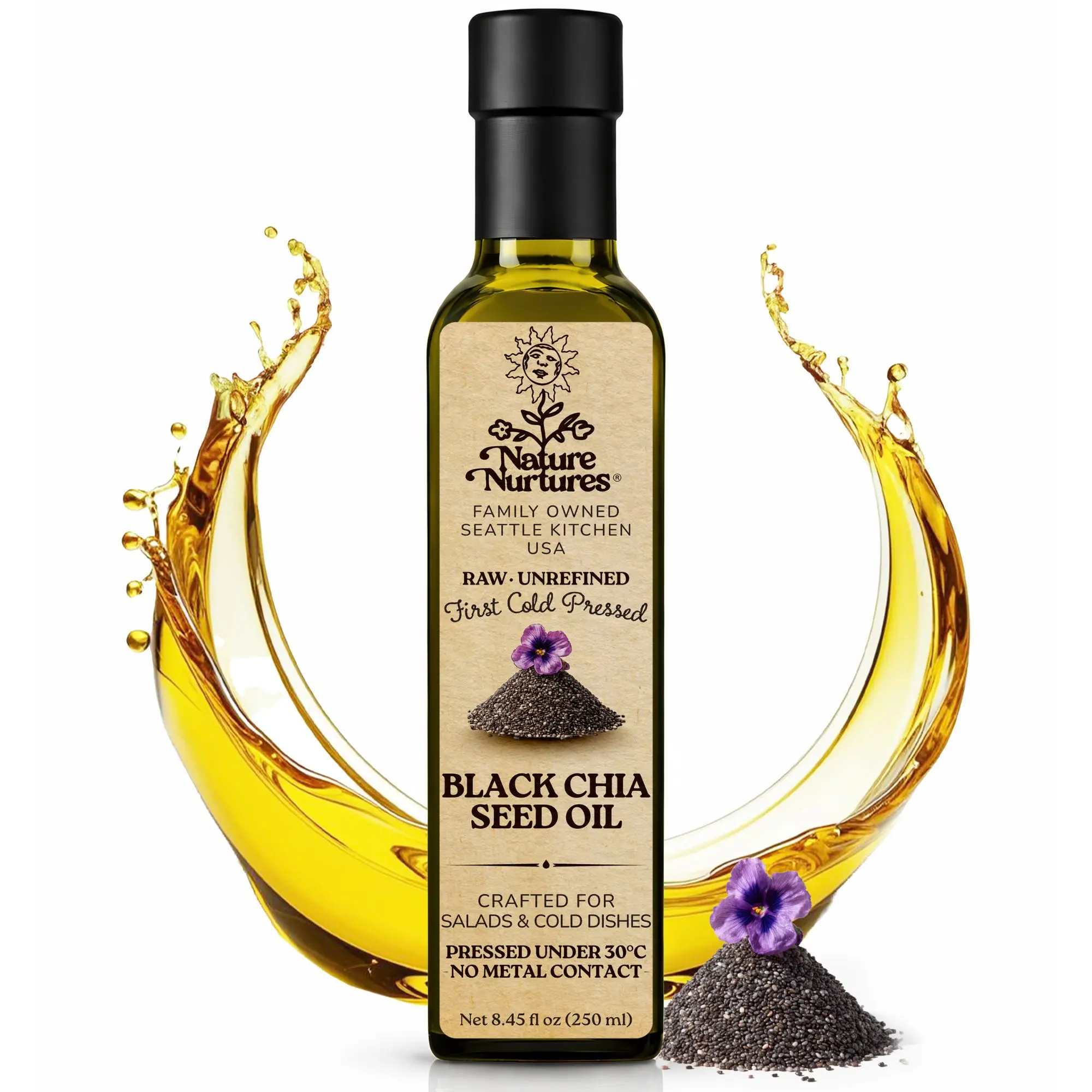 Black Chia Seed Oil for Cooking · Raw · Unrefined · First Cold-Pressed at Temperatures Below 30°C · Pressed Only Once · Without Metal or Wood Contact · Small Batch · Handcrafted in Seattle USA · 100% Pure & Natural · Also Loved for Skin and Hair