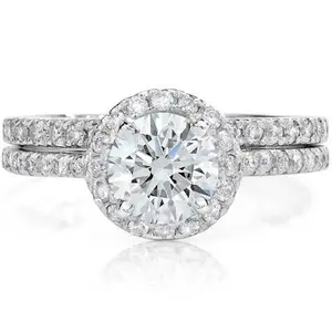 1 1/3ct Round Diamond Halo Engagement Ring Set 14K White Gold Lab Grown