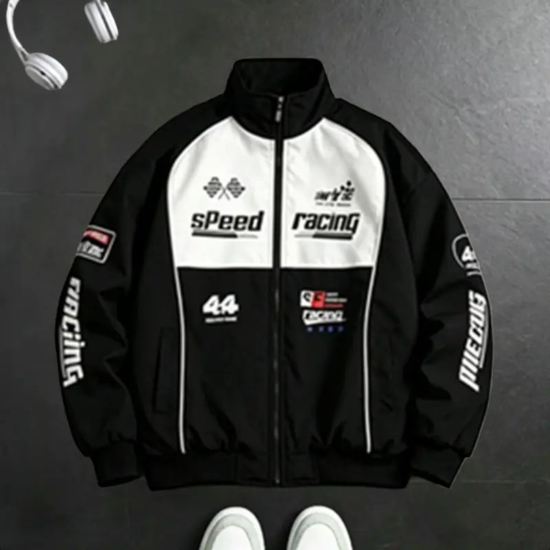 Men’s racing-style color-block windproof jacket, lightweight windbreaker with retro print and stand collar, suitable for daily commuting, sports, travel, and layering; available in three colors.